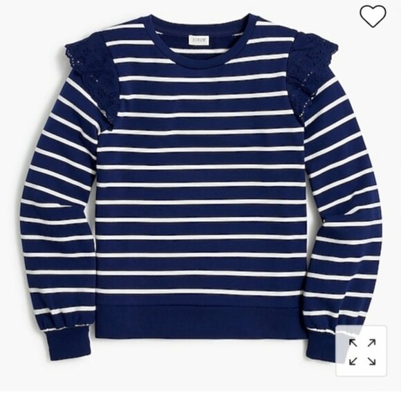 J. Crew Factory Navy and Antique White Striped Eyelet Ruffle Trim Sweatshirt NWT - Picture 2 of 12